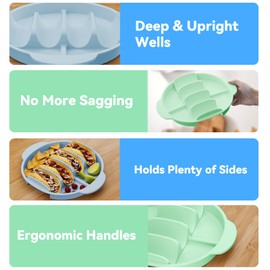 Silicone Taco Holders Set of 2: 4-Slot Reusable Taco Plates with 4 Dividers for Party Birthday Fiesta Hard Soft Shell Stand Upright Serving Tray Round with Handle for Kitchen Blue Green