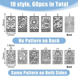 DICOSMETIC 60Pcs 10 Styles Tarot Pendants Antique Silver Alloy Pendants Rectangle Card Jewelry Charms Major Arcana Astrology Divination Charms for DIY Jewelry Making, Hole: 1.8mm