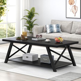 EXCEFUR Black Coffee Table, Modern Wood and Metal Center Table with Storage Shelf, Industrial Rectangle Cocktail Tea Table for Living Room, 47 Inch