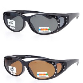 Pink Ribbon Shades 2 Pair Polarized Rhinestone Fit Over Wear Over Reading Glasses Sunglasses - Black/Brown