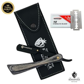 Straight Edge Wooden Throat razor for sale with Stainless Steel Blade, 100 Single Edged Blades, Comfortable Wooden Handle & Sleek Leather Pouch - Flawless manual shaver:_Professional Wooden Handle Razor With 10 Blades