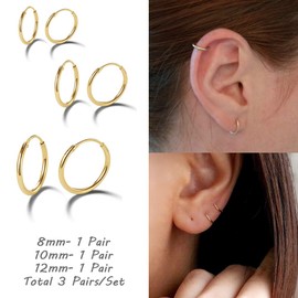 EPIRORA Gold Hoop Earrings- Cartilage Endless Small Hoop Earrings Set for Women Men, 3 Pairs Hypoallergenic 925 Sterling Silver Tragus Earrings Nose Lip Rings