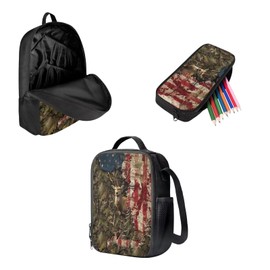 Tomeusey School Bag for Boys Backpack with Lunch Box Pencil Case American Flag Deer Kindergarten Elementary Middle Casual School Bag Daypack