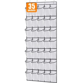 MISSLO 35 Large Pockets Over The Door Shoe Organizer Sturdy Oxford Fabric Hanging Shoe Rack for Door Mesh Closet Shoe Holder Hanger, White