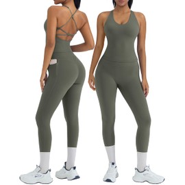OMKAGI 2 Piece Workout Sets for Women Padded Workout Tops Booty Leggings with Pockets Gym Sets (S,445-Avocado Green)