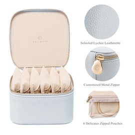 Vlando Travel Jewelry Box Organizer - 6 Small Velvet Zipped Pouches Pockets for Jewelries Necklaces Rings Earrings Sorting Storage, Baby Blue