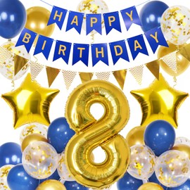 8th Birthday Decorations Boy Girl, Gold and Blue 8 Year Old Birthday Decorations with Happy Birthday Banner, Triangle Flags, 40In Number 8 Foil Birthday Balloons, Star Balloons and 18Pcs 12In Balloons