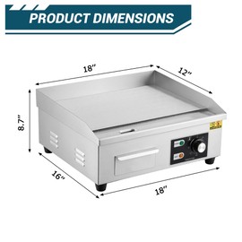 Stainless Steel Electric Griddle, 18 in Commercial Flat Top Grill, 1600W Non-Stick Teppanyaki Griddle with 2 Shovels & 2 Brushes, 122-572°F Adjustable Temperature for Kitchen, BBQ