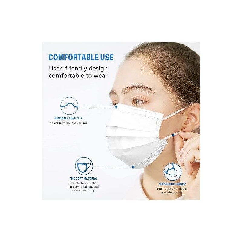 50Pcs Disposable Face Masks，3-Ply Breathable Protection Mask for Adults, Daily