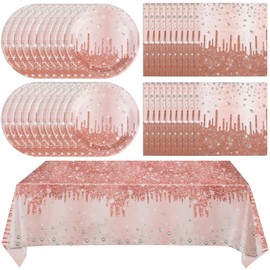 Rose Gold Birthday Party Decorations for Women Girls, Happy Birthday Party Supplies Includes 20 Plates, 20 Napkins and 1 Tablecloth, Pink Dimond Theme Decor for 13th 16th 18th 21st 30th 40th 50th