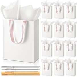 Yeaqee 12 Sets White Gift Bags with Ribbon Handle Tissue Paper 7x9x3.15 Luxury Medium 5 Senses Paper Bags with Marker for Him Her Birthday Wedding Bridal Baby Shower Party Favor Shopping (Rose Gold)