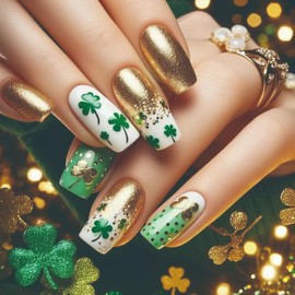 24 Pcs St. Patrick's Day Press on Nails Medium Square Fake Nails with Gold Glitter Dot Design Shamrock False Nails Irish Clover Glue on Nails Green White Saint Patrick's Day Stick on Nails for Women