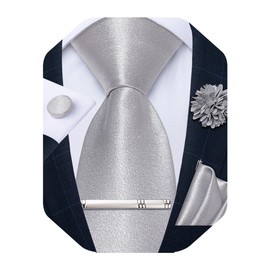 DiBanGu Mens Satin Tie with Lapel Pin Tie Clip Shiny Solid Color Necktie and Pocket Square Cufflinks Set for Wedding Party, Silver