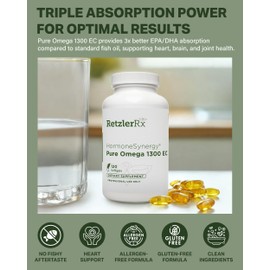 HormoneSynergy Omega 1300 EC Fish Oil Softgels - High-Strength Omega 3 Supplement with Enhanced Absorption - IFOS Verified, Enteric Coated, 600mg EPA, 260mg DHA - 120 Count