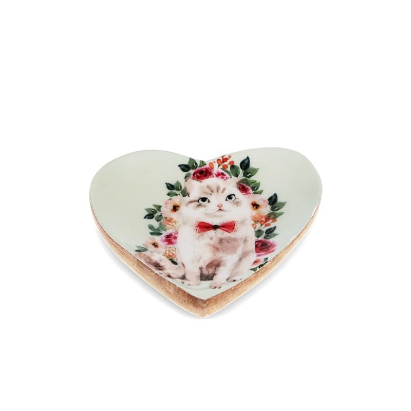 Rex London Wooden Heart-shaped Trinket Dish - Cat