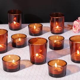 12pcs Assorted Amber Votive Candle Holders, Glass Candle Holder for for Fall Decor, Amber Tealight Candle Holder for Table Centerpiece, Wedding and Party Decor