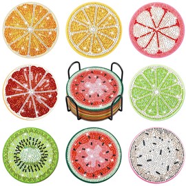 8 Pcs Diamond Painting Coasters DIY Coasters with Holder 4 Inch Coasters for Drinks Diamond Art Supplies Painting Kit for Beginners Adults Craft(Fruit Style)