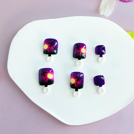 Short Square Press on Toenails Coconut Palm Tree Fake Toe Nails with Designs Seagull Glue on Nails Twilight Seaside Acrylic Toenails Purple Artificial Toe Nails Stick on Toenails for Women