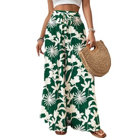 Bsubseach Wide Leg Pants Woman Flowy Floral Palazzo Pants for Women High Waisted Summer Casual Trousers Cruise Outfits Dark Green