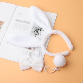UUYYEO 3 Pcs Easter Bunny Ears and Tail Set Rabbit Ears Headband Cute Plush Rabbit Tail Rabbit Bow Tie Costume White