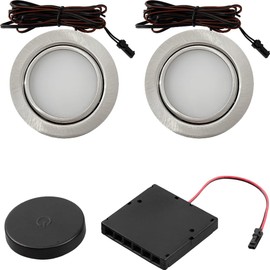 Set of 2 Super Flat LED Furniture Recessed Spotlights in Stainless Steel Look (3 W, 3000 K, 180 lm) with 12 V LED Transformer, Wireless Dimmer and Cable - Ideal for Kitchen, Cabinets and Furniture