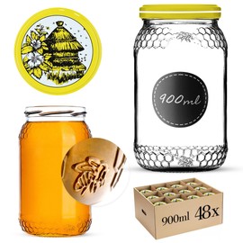 KADAX Honey Jars 900 ml Preserving Jars with Fi82 mm Screw Lids for Honey, Jam Jars, Screw Jars, Preserving Jars (Beehive, Pack of 48)