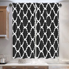 Melodieux Set of 2 Moroccan Fashion Tier Curtains for Kitchen, Geometric Lattice Rod Pocket Curtains for Cafe Bathroom Small Windows, 45 Inch Length, Black