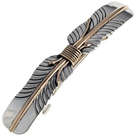 Navajo Silver Gold Feather Hair Barrette Hammered Sterling on Silver Spring Clip 2637