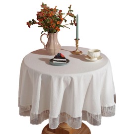 rismart Cotton Round Table Cloths Four-Season Table Cover Decor Tablecloth with Embroidered Lace Border White,39" Round