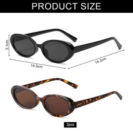 Aurasky Pack of 2 Oval Sunglasses, Retro Sunglasses, Women's Sunglasses, Retro Sunglasses, Party Glasses, Sunglasses for Men and Women