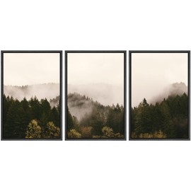 SIGNWIN 3 Piece Framed Canvas Wall Art Brown Foggy Mountains Nature Wilderness Photography Abstract Rustic Canvas Prints Home Artwork Decoration for Living Room,Bedroom - 16"x24"x3 Panels