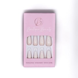 Boutique Beauty Premium Press On Nails ~ Unique, Durable, Trendy Designs with Adhesive Tabs ~ Long Coffin Shape (Pearl)