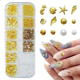 CHIHOLEN 3D Nail Charms Gold, Ocean Theme Nail Charms, Charms Nails, Shell Starfish Beads, Nail Art Charms for Women, DIY Jewellery Decoration, Nail Decorations