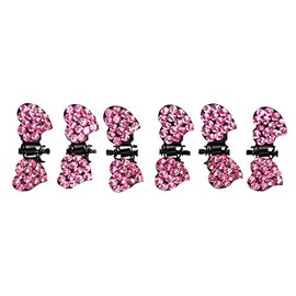 JUSTFOX - 6 x Mini Hair Clips in Heart Shape with Rhinestones (Pink), Metal