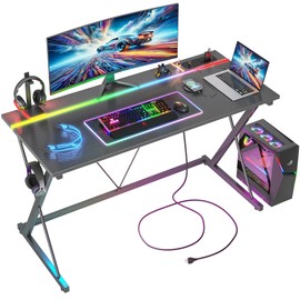 TIQLAB Gaming Desk with Power Outlets & LED 40 Inch Ergonomic Computer Carbon Fiber Surface Gamer Desk, PC Workstation with Headphone Hook for Bedroom, Kids Gift for Boys, Gray Desk
