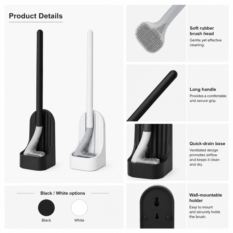 Wall-Mounted Toilet Brush with Base – Soft Rubber Cleaning Head