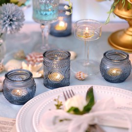 DARJEN 24Pcs Blue Votive Candle Holders - Glass Candle Holder for Party Decoration, Tea Lights Candle Holder for Wedding Shower & Gift