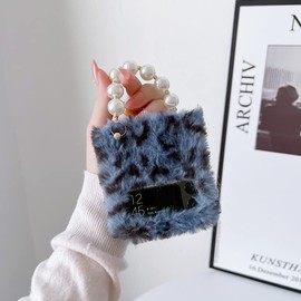Omio for Galaxy Z Flip 3 Plush Case with Luxury Pearl Chain Wrist Strap Warm Plush Cute Case for Girls Women Fluffy Furry Back Cover Slim Leopard Cover, Blue Leopard
