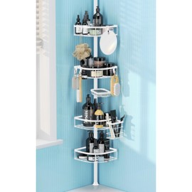 TIMIANO Shower Caddy Tension Pole, 4-Tier Adjustable Corner Shower Standing Caddy, Rustproof Shower Rack for Bathroom Bathtub, with 4 Shelves, No Drilling Shower Shelf for Inside Shower (White)