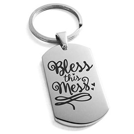 Stainless Steel Bless This Mess Engraved Dog Tag Keychain Keyring