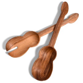African Olive Wood Guitar Salad Serving Set, Hand Carved in Kenya by Fair Trade Artisans