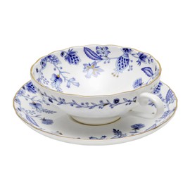 SILINE Fine Bone China Large Mouth Coffee Cup 5 Oz with Saucer,Jingdezhen Blue and White Porcelain Teacup -Blue and White