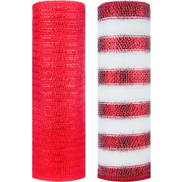 2 Rolls Decor Mesh Poly Ribbons 10 Inch x 30 Feet Each Roll Metallic Foil Mesh Ribbon Christmas Tree Decorative Mesh Red and White Rolls for Xmas Wreaths,Swags and Home Decorating