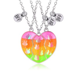 BFF Necklaces for 3, Cute Bunny Best Friends Magnetic Necklaces, Friendship Gradient Heart Pendant Necklaces, Easter Birthday Valentine Jewelry Gift for Girls Women Sisters Friends