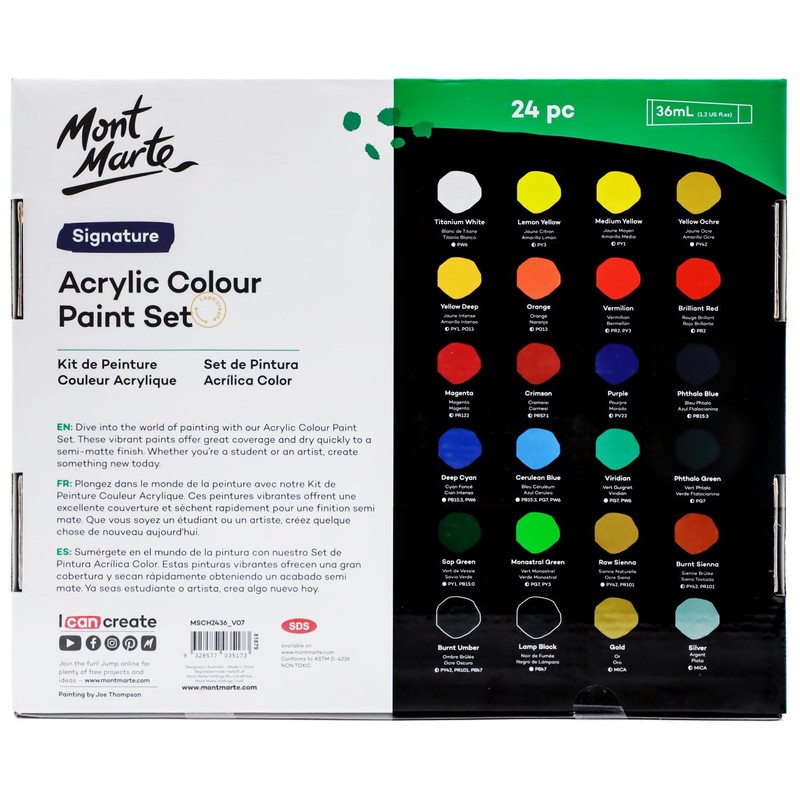 Mont Marte Acrylic Paint Set 24 Colours 36ml with Brush