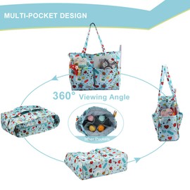 LOOEN Crochet Tote Bag, Knitting Bag, Yarn Storage Bag with Multiple Pockets, Yarn Balls, Crochet Hooks, Knitting Accessories Organizer (Blue)