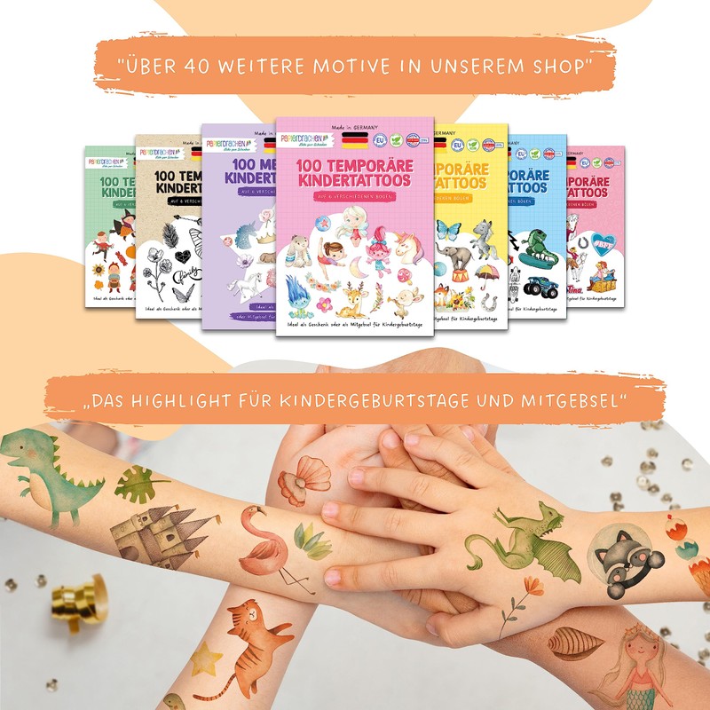 Papierdrachen Pack of 100 Children's Tattoos with Child-friendly Designs, Birthday