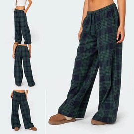 Women's Casual Trousers Classic Plaid Print Elastic Waist Loose Wide Leg Pants Lounge Pants - Color: Black, Size: M