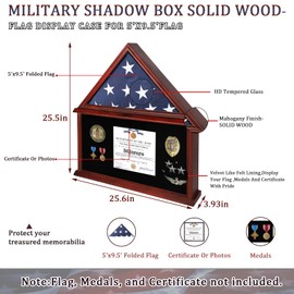 Large American Veteran Flag Display Case Solid Wood Memorial Flag Display Case with HD Tempered Glass for 5' X 9.5' Folded Burial Flag Military Flag Display Case with Certificate Holder, Mahogany