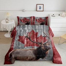 Castle Fairy Elk Deer Canadian Flag Boys Kids Comforter Set Full Size,Vintage Red Maple Leaf Duvet Set Room Decor,Western Wildlife Animals and Trees Brushed Microfiber Soft Bedding Comforter